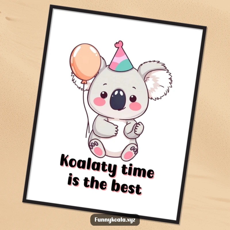 Funny Free Printable Wall Art of a koala wearing a tiny party hat and happily holding a colorful balloon.