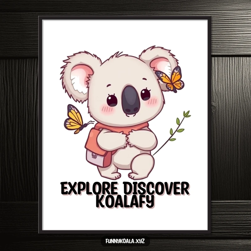 Funny free printable wall art of a koala character with a tiny backpack, looking curiously at a butterfly, exploring nature.