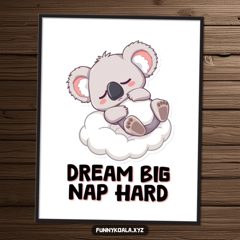 Funny free printable wall art of a sleepy koala character dramatically falling backwards onto a soft cloud, embodying sweet dreams.