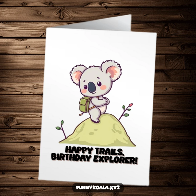 Funny Free Printable Birthday Card showing an energetic koala with a tiny backpack hiking uphill, ready for celebration.