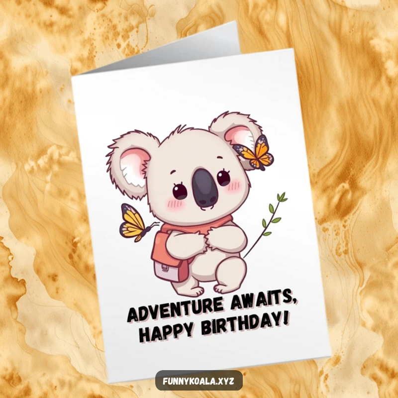Funny free printable birthday card showing a koala with a backpack curiously observing a butterfly, celebrating a birthday adventure.