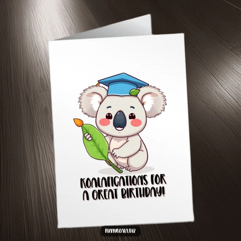 Funny Free Printable Birthday Card: Happy koala in graduation cap waves eucalyptus leaf, celebrating a birthday achievement.