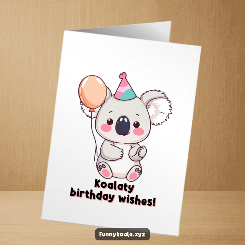 Funny Free Printable Birthday Card featuring a koala in a party hat holding a balloon, ready to celebrate.