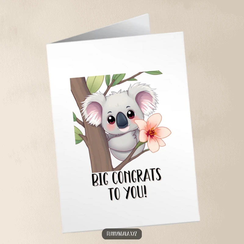 Free Printable Congrats Card: A curious koala with big eyes peeks from behind a beautiful eucalyptus flower.