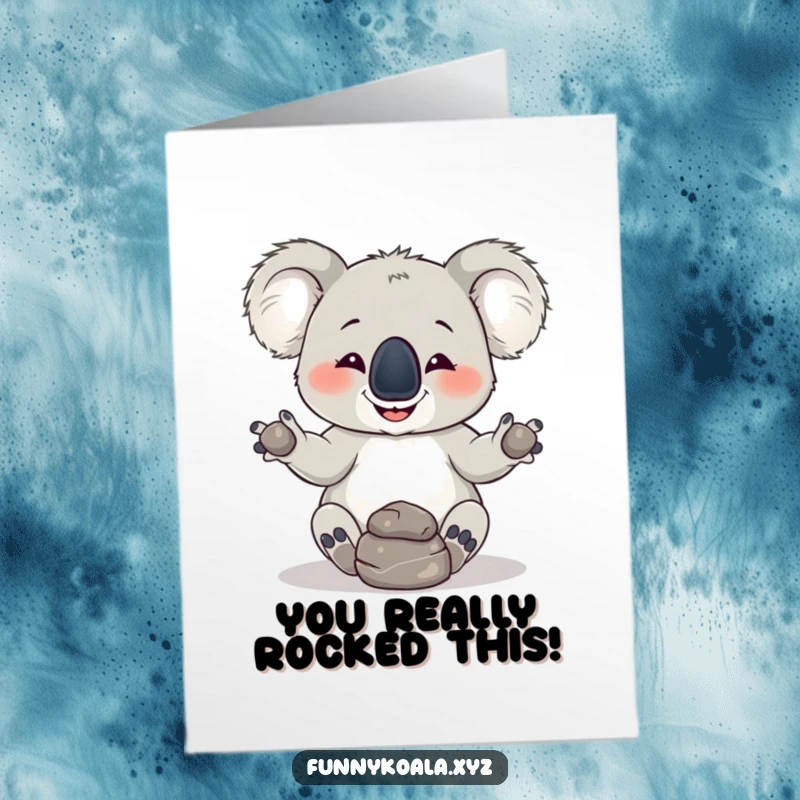 Funny Free Printable Congrats Card: A determined koala attempts hilarious rock juggling as a celebration.