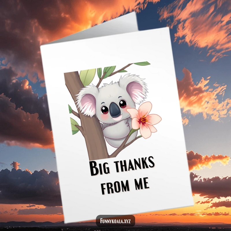 Free Printable Thank You Card: A koala with big, curious eyes peers out from behind a large eucalyptus blossom.