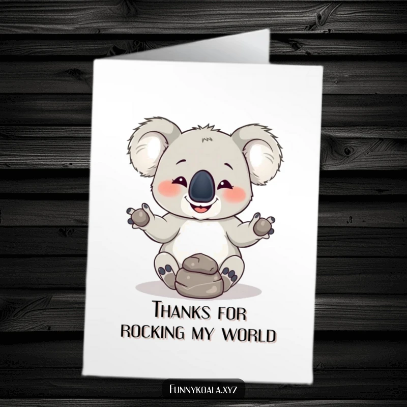 Funny Free Printable Thank You Card: Goofy koala attempts a juggling feat, offering thanks with a grin.