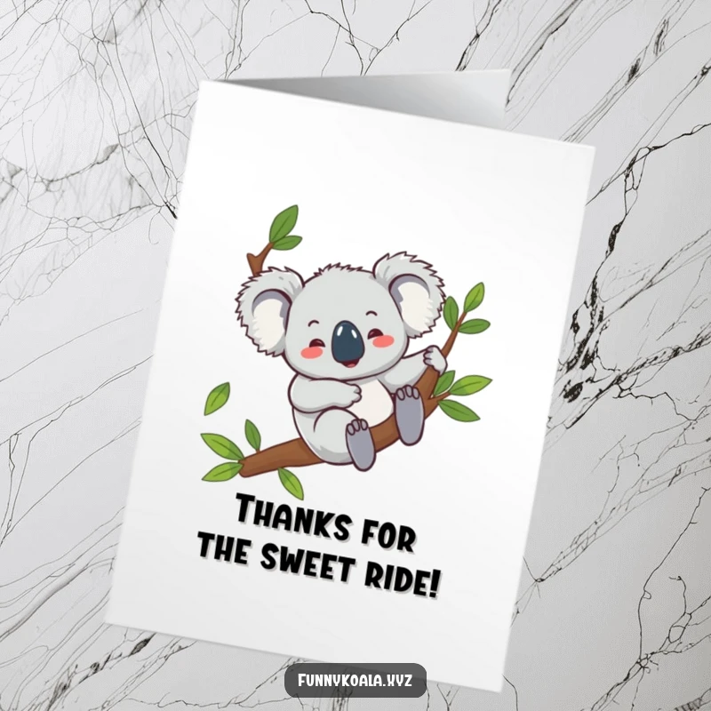 Funny Free Printable Thank You Card of a koala gleefully sliding down a eucalyptus branch.