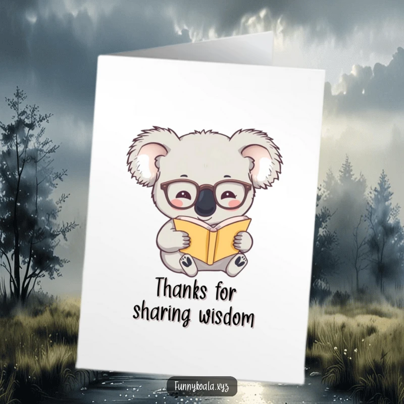 Funny free printable thank you card of a koala wearing glasses, intently reading a tiny book, expressing thanks.