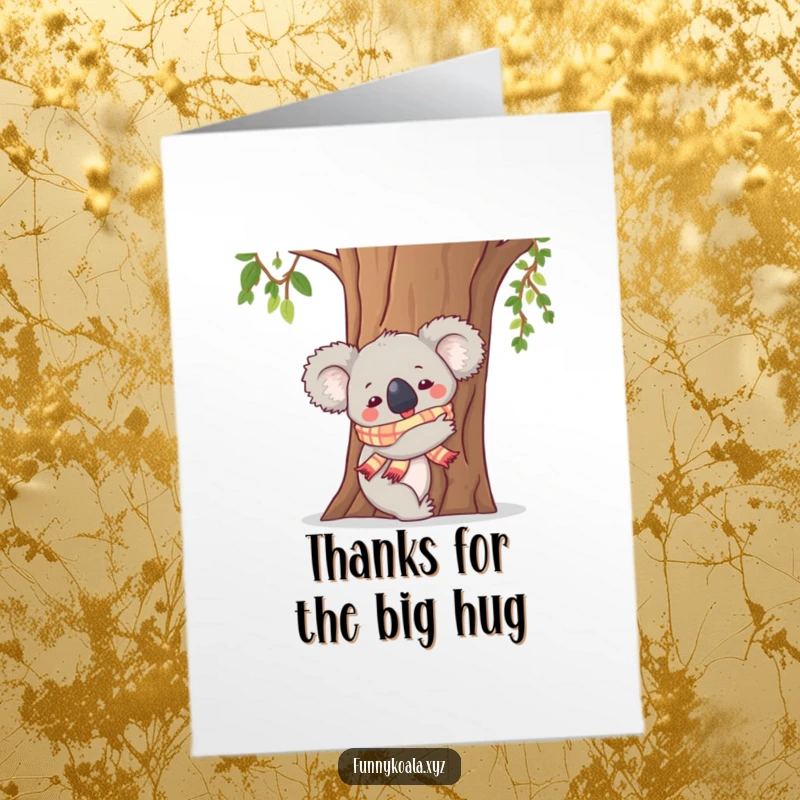 Free Printable Thank You Card: A koala wraps its arms around a tree trunk in a warm hug.