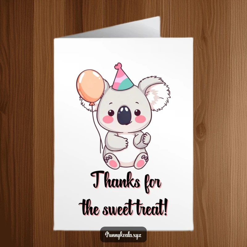 Funny Free Printable Thank You Card featuring a cute koala in a party hat holding a balloon.