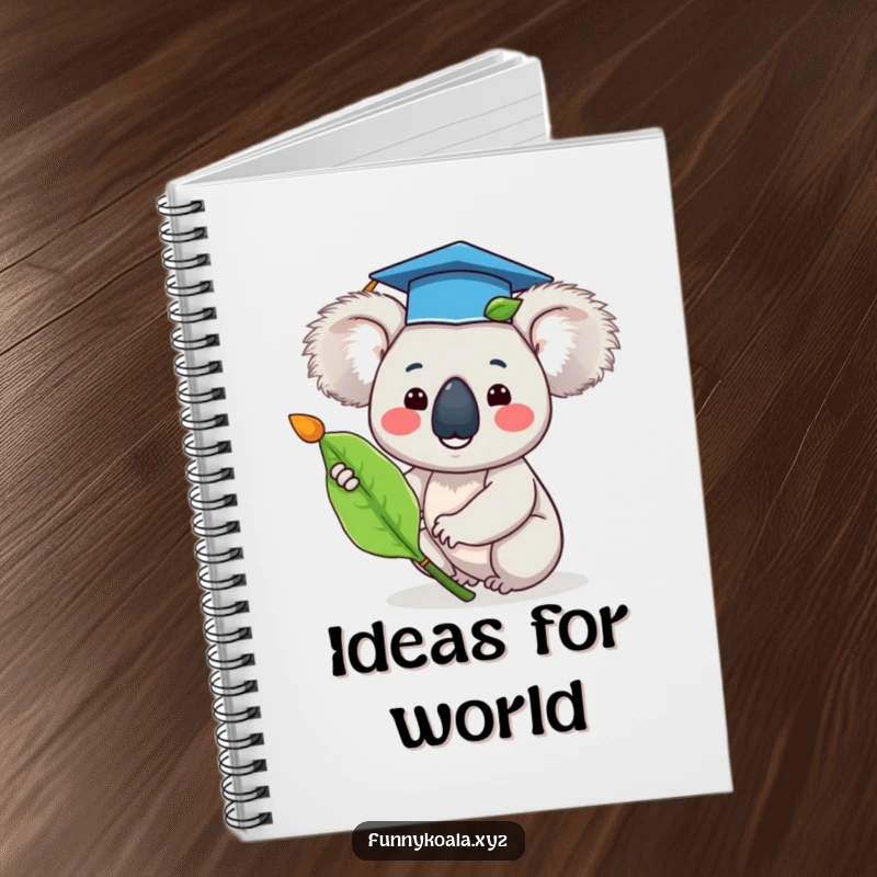 Funny graduation koala notebook cover featuring a happy koala in a tiny graduation cap waving a eucalyptus leaf, inspiring future plans.