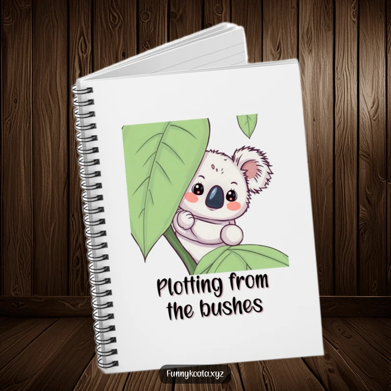 Funny koala notebook with a curious koala peeking from behind a leaf, ideal for journaling or sketching with a dash of humor.