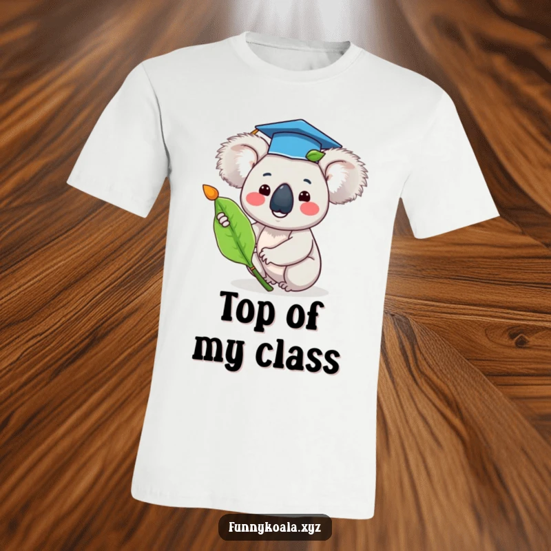 Funny graduate koala t-shirt showing a happy koala in a tiny graduation cap waving a eucalyptus leaf, signifying success.