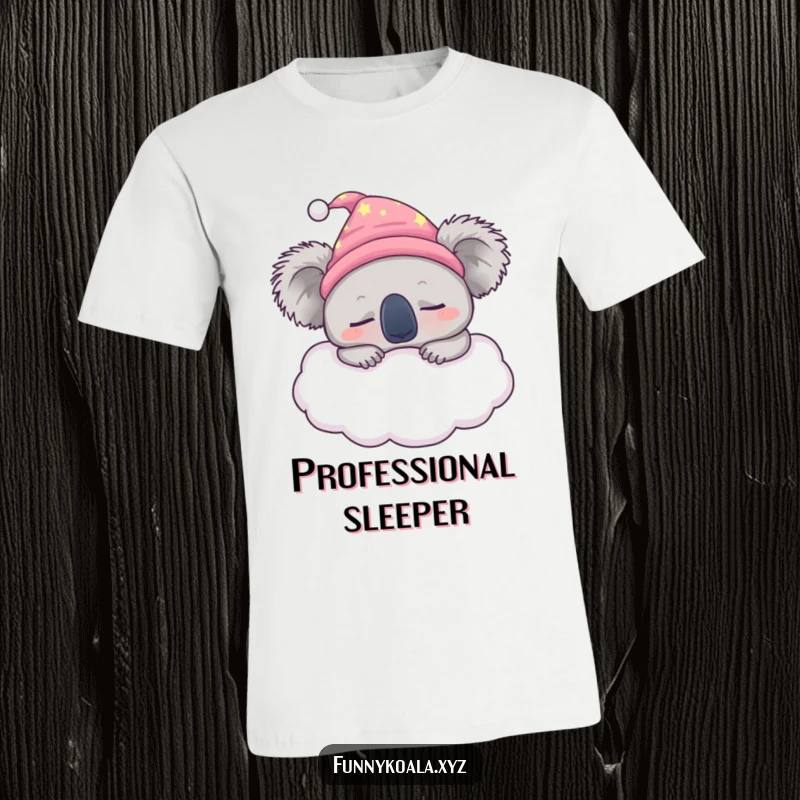 Funny sleepy koala t-shirt showing a koala in a nightcap snoozing soundly on a fluffy cloud, promoting relaxation.