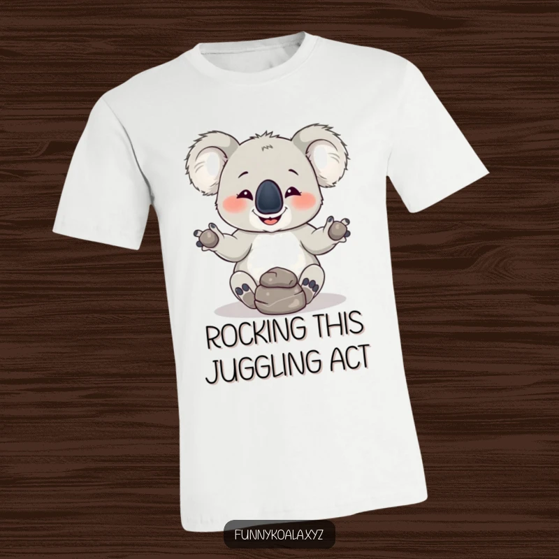 Funny Koala T-Shirt: A mischievous koala with a grin attempts to juggle three small rocks, a humorous and playful design.