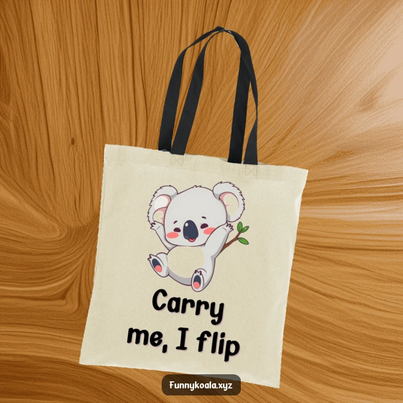 Funny koala tote bag illustrating a koala in the midst of a joyful somersault, perfect for carrying essentials with a playful spirit.