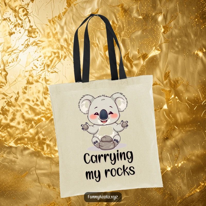 Funny Koala Tote Bag: A mischievous koala attempts to juggle three rocks, a humorous and practical accessory for carrying joy.