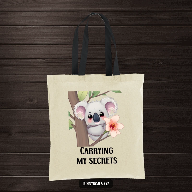 Funny Koala Tote Bag: A curious koala with big eyes peeks from behind a eucalyptus bloom, a cute and humorous carry-all.