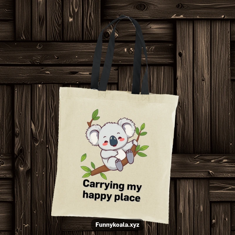 Funny koala tote bag showing a giggling koala character sliding down a eucalyptus branch, perfect for carrying items with a touch of playful humor.