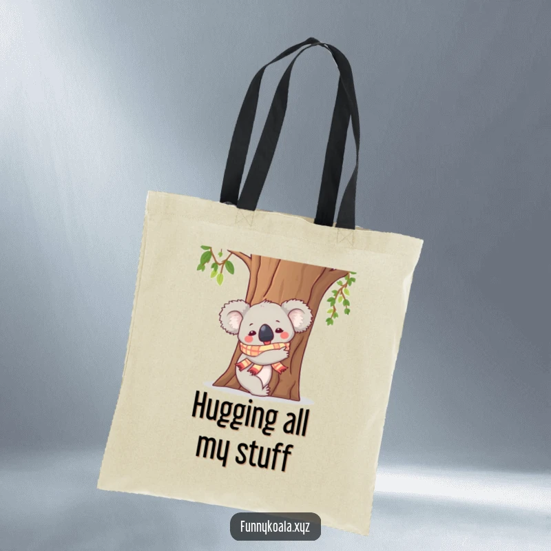 Funny Koala Tote Bag: A koala in a scarf hugs a tree trunk, a charming and humorous design for everyday use.
